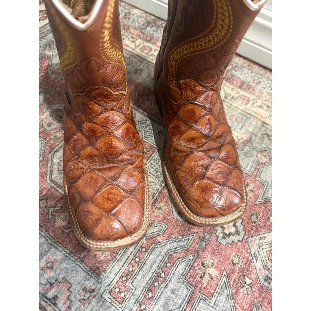 Besserro Brown Fish Skin Leather Square Toe Cowboy Boots‎ womens 5.5 EE men 4